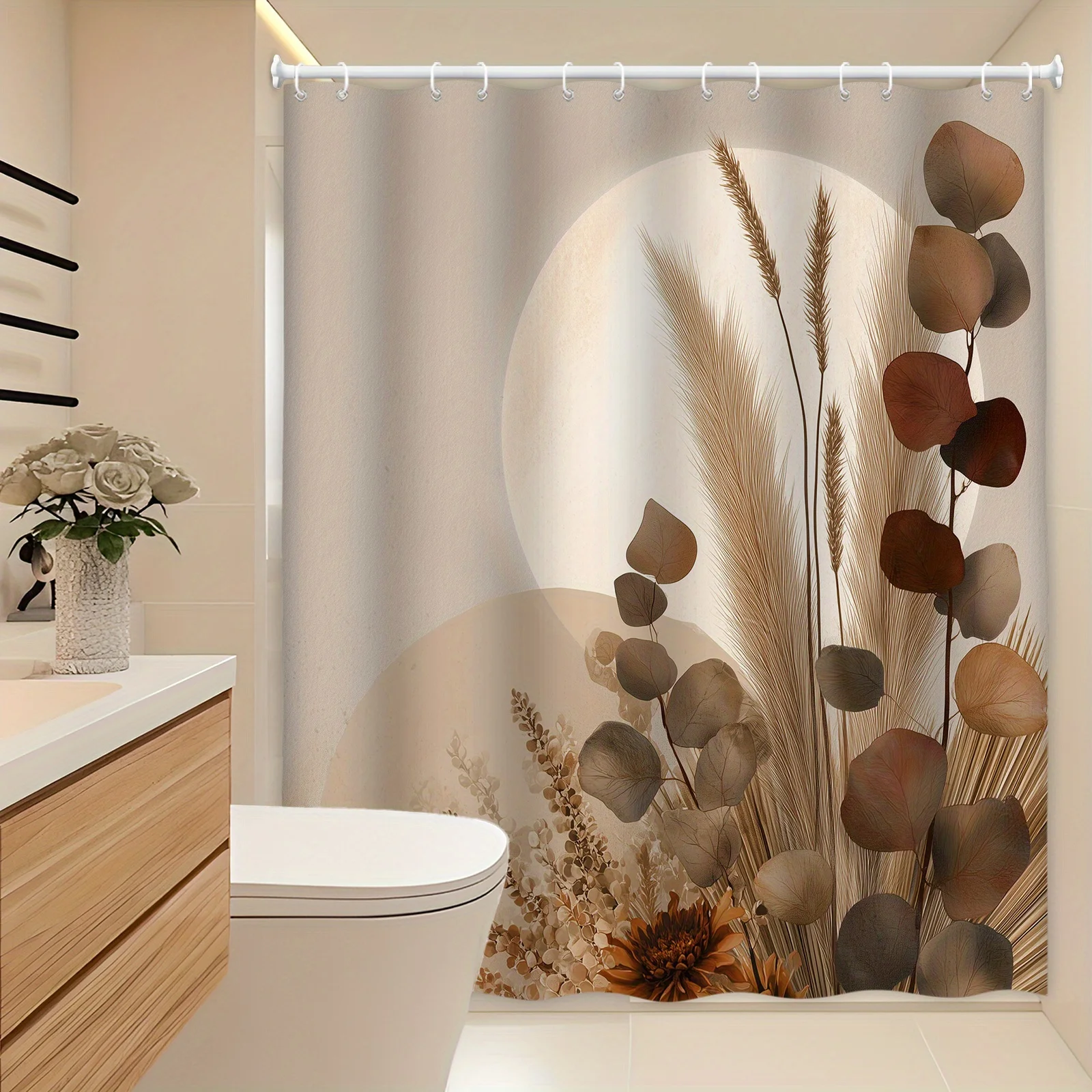 Earthly Botanical Shower Curtain Dried Sunflowers Wheat Eucalyptus Design Minimalist Beige Brown Circle Bathroom Decor
Earthly Botanical Shower Curtain Dried Sunflowers Wheat Eucalyptus Design Minimalist Beige Brown Circle Bathroom Decor