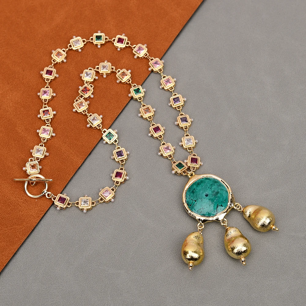 G-G 19" Rainbow Mix Color Square Cubic Zircon Crystal inlaid Chain Necklace Gold Plated Green Turquoise Brush Beads Pendant
G-G 19" Rainbow Mix Color Square Cubic Zircon Crystal inlaid Chain Necklace Gold Plated Green Turquoise Brush Beads Pendant
