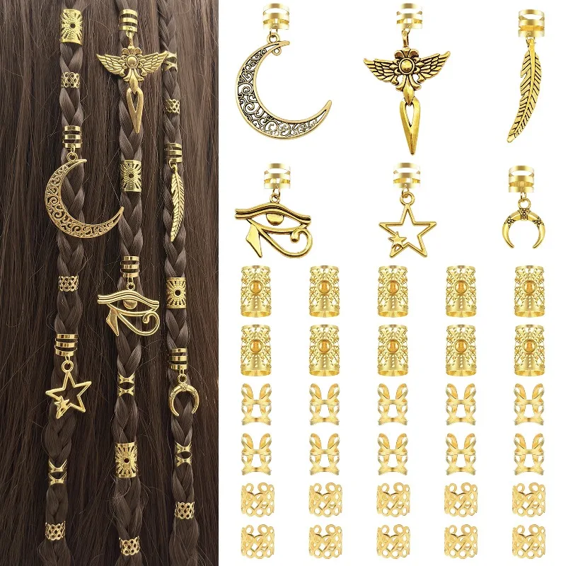 36Pcs Gold Hollow Star Moon Eye Feather Hair Rings for Dreadlocks Braids Accessories Set Secure Fit Non Slip Easy DIY Styling
36Pcs Gold Hollow Star Moon Eye Feather Hair Rings for Dreadlocks Braids Accessories Set Secure Fit Non Slip Easy DIY Styling