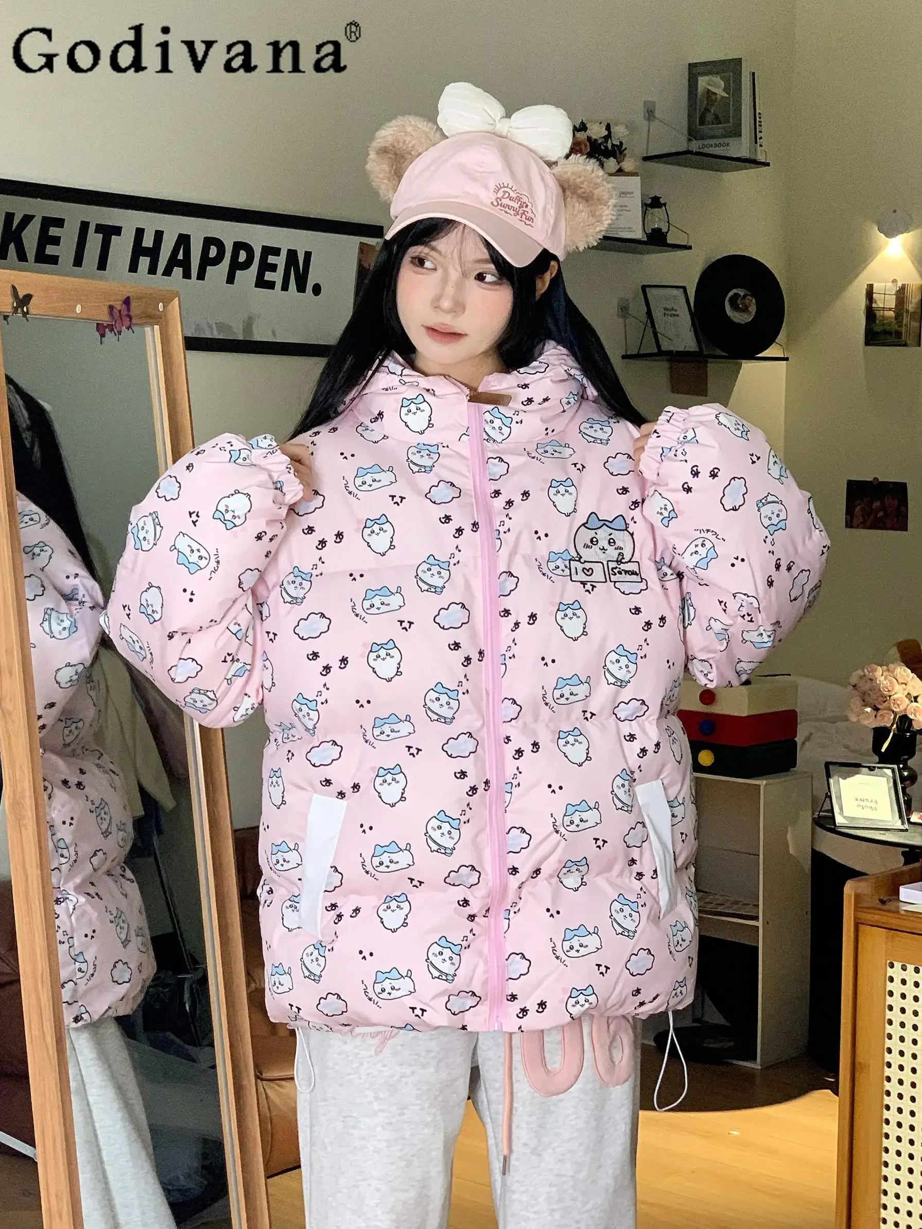 College Style Cute Cartoon Printing Cotton Padded Coat for Women Winter Warm and Thickened Hooded Student Kawaii Down Parkas
College Style Cute Cartoon Printing Cotton Padded Coat for Women Winter Warm and Thickened Hooded Student Kawaii Down Parkas