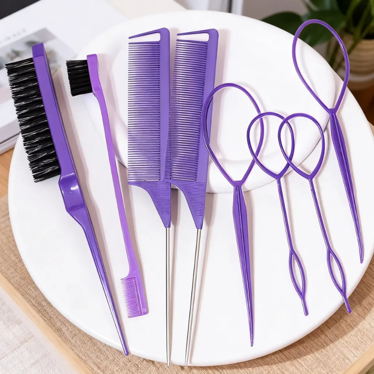 8Pcs Purple Hair Styling Tools Set - Slick Back Brushes, Rat Tail Combs, Hair Loop Styling Tools for Braiding, Tinting and Edge Styling
8Pcs Purple Hair Styling Tools Set - Slick Back Brushes, Rat Tail Combs, Hair Loop Styling Tools for Braiding, Tinting and Edge Styling