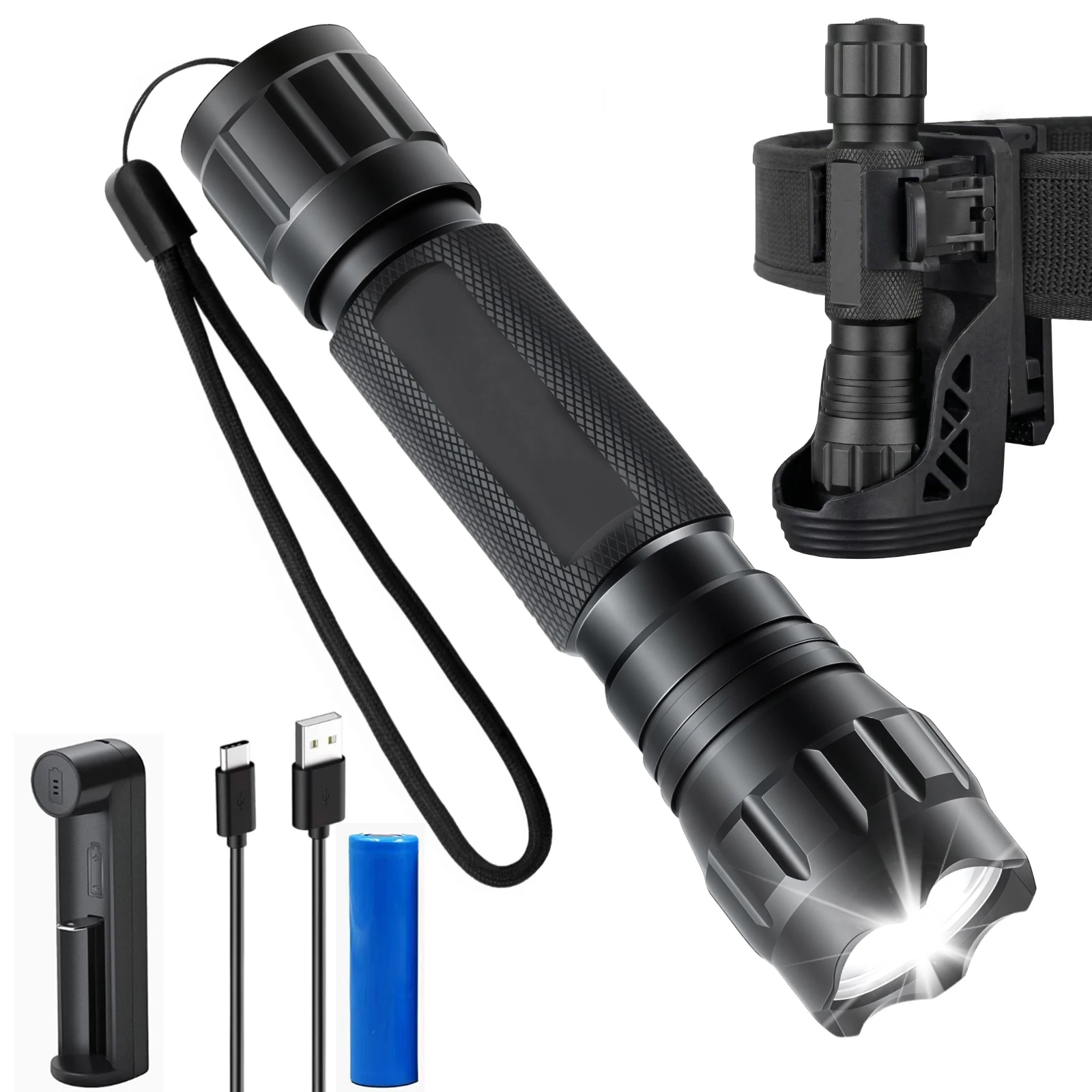 501B LED Tactical Flashlight 1200LM Military Torch with 360° Rotating Tactical Sleeve Rechargeable Battery and Charger
501B LED Tactical Flashlight 1200LM Military Torch with 360° Rotating Tactical Sleeve Rechargeable Battery and Charger
