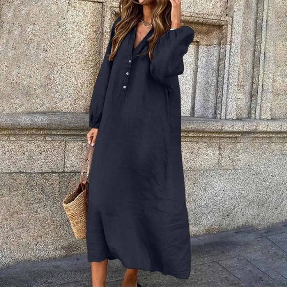 Elastic Women Dress Elegant V-neck Cotton Linen Summer Dress with Button Decoration Breathable Long Sleeve Loose Fit for Any
Elastic Women Dress Elegant V-neck Cotton Linen Summer Dress with Button Decoration Breathable Long Sleeve Loose Fit for Any