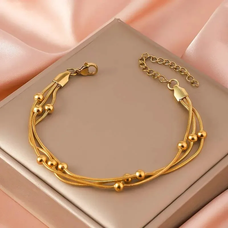 Stainless Steel Elegant Beaded Round Snake Chain Gold Color Bracelets for Women Vintage Metal Multi Layer Charm Bracelet Jewelry 
Stainless Steel Elegant Beaded Round Snake Chain Gold Color Bracelets for Women Vintage Metal Multi Layer Charm Bracelet Jewelry