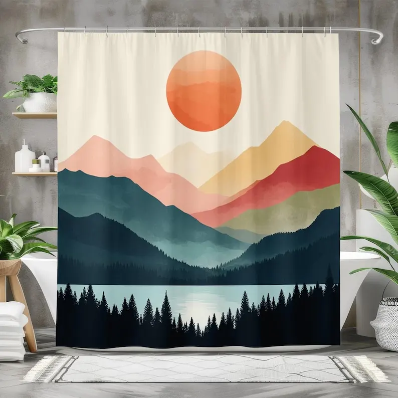 Abstract Landscape Nordic Shower Curtain, Sun Mountains Lake Bath Curtain, Abstract Art Bathroom Decor, Modern Geometric Art
Abstract Landscape Nordic Shower Curtain, Sun Mountains Lake Bath Curtain, Abstract Art Bathroom Decor, Modern Geometric Art