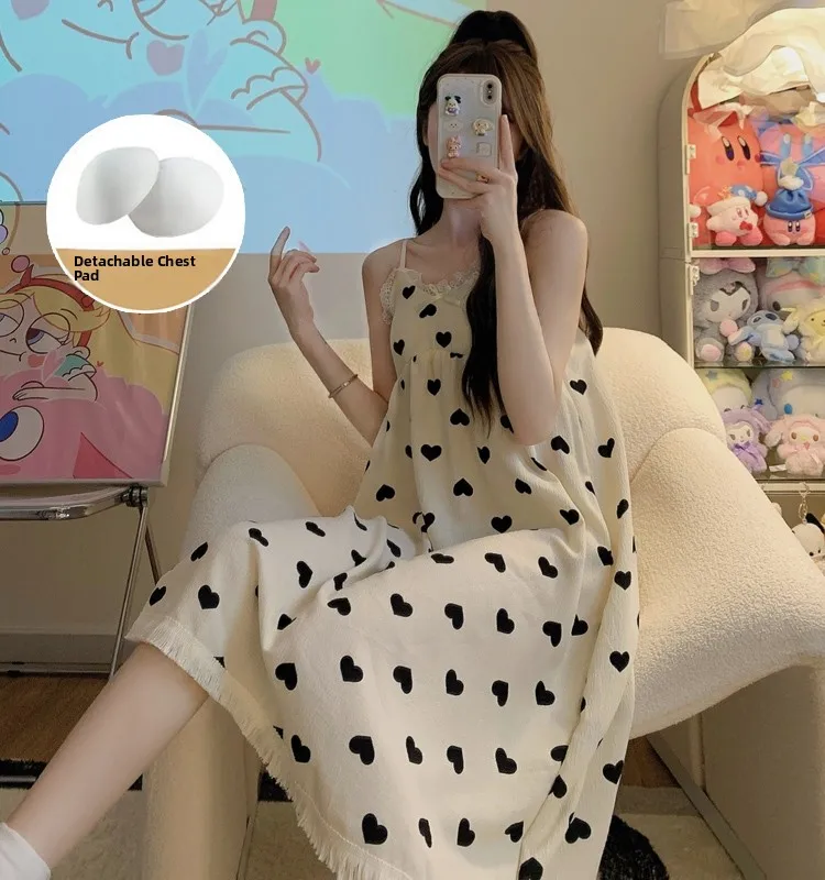 Summer Women's Sleepwear Cotton Gauze Heart Print Strap Home Clothes Sweet Style No Sleeve round Neck mid Length Dress
Summer Women's Sleepwear Cotton Gauze Heart Print Strap Home Clothes Sweet Style No Sleeve round Neck mid Length Dress