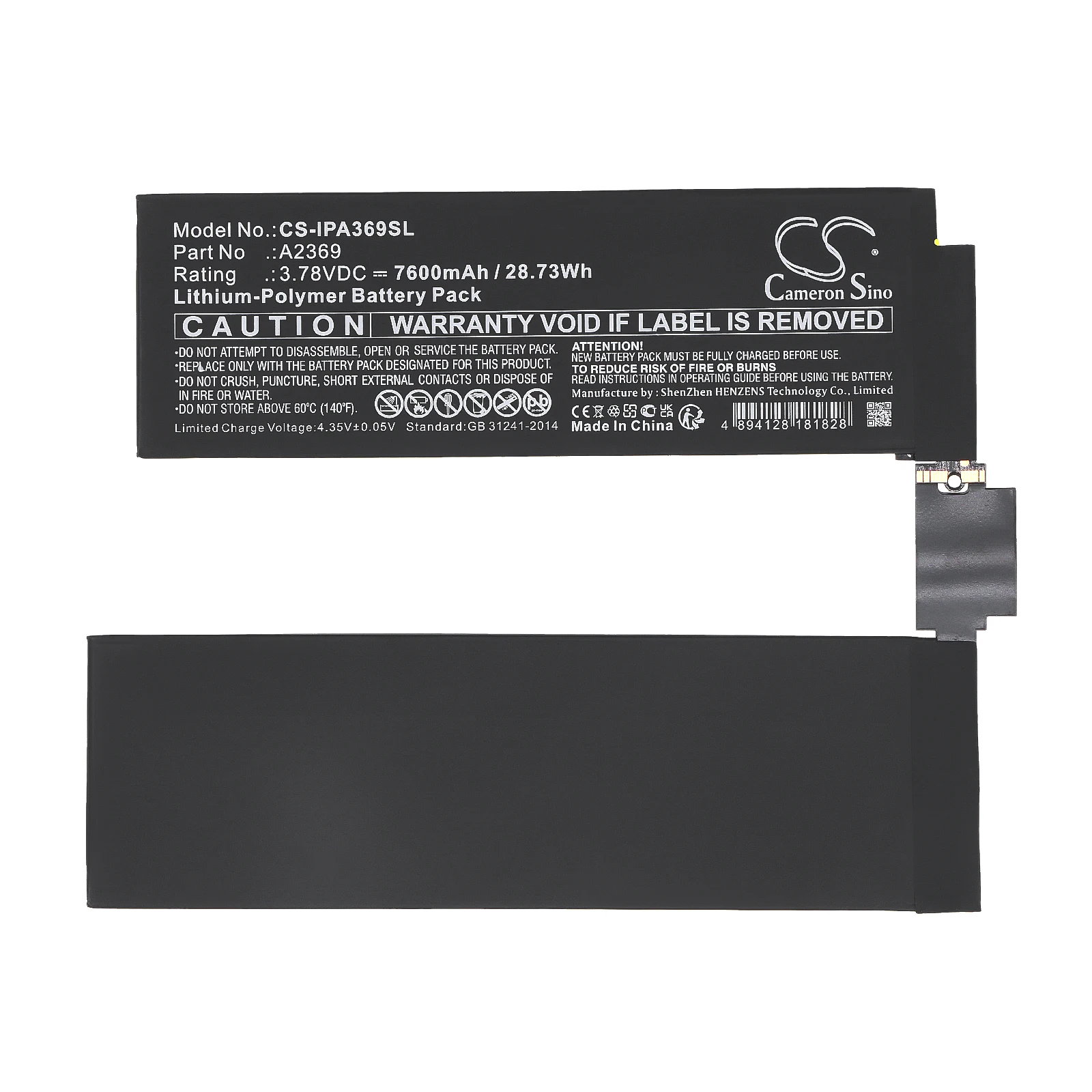 CS Replacement Battery for Apple 2761, 2762,A2301, A2369,A2377, A2435,A2459,A2460,A2759,iPad Pro PN:A2369 7600mAh / 28.73Wh
CS Replacement Battery for Apple 2761, 2762,A2301, A2369,A2377, A2435,A2459,A2460,A2759,iPad Pro PN:A2369 7600mAh / 28.73Wh