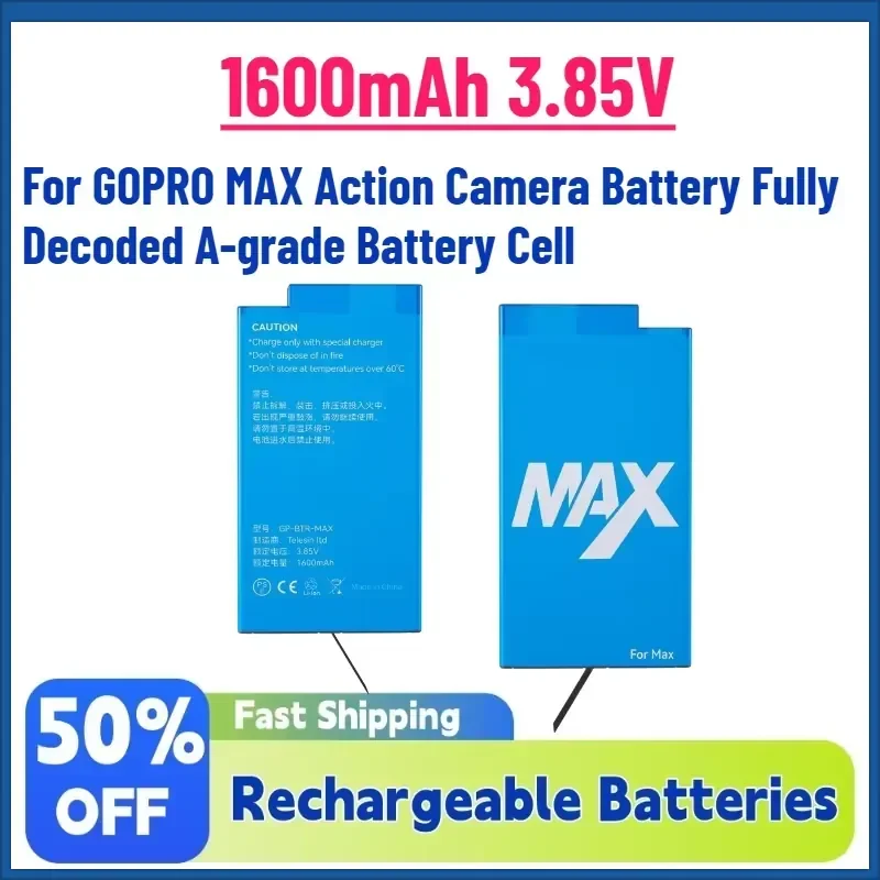 High-Quality New 1600mAh 3.85V Rechargeable Batteries for GOPRO MAX Action Camera Battery Fully Decoded A-grade Battery Cell
High-Quality New 1600mAh 3.85V Rechargeable Batteries for GOPRO MAX Action Camera Battery Fully Decoded A-grade Battery Cell