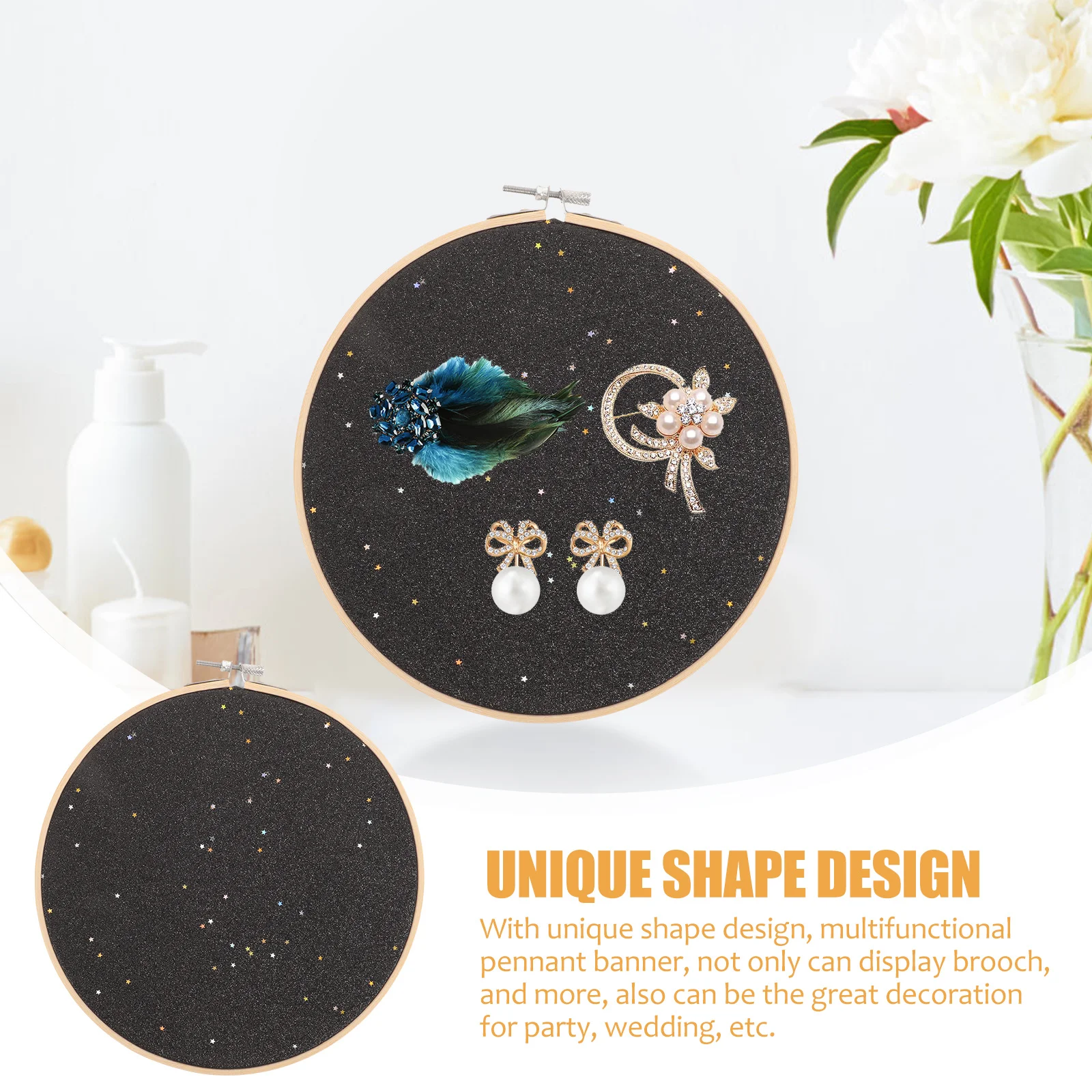 Round Brooch Banner Canvas and Simulated Glitter Powder Pin Wall Display Holder for Jewelry Collection Decoration
Round Brooch Banner Canvas and Simulated Glitter Powder Pin Wall Display Holder for Jewelry Collection Decoration