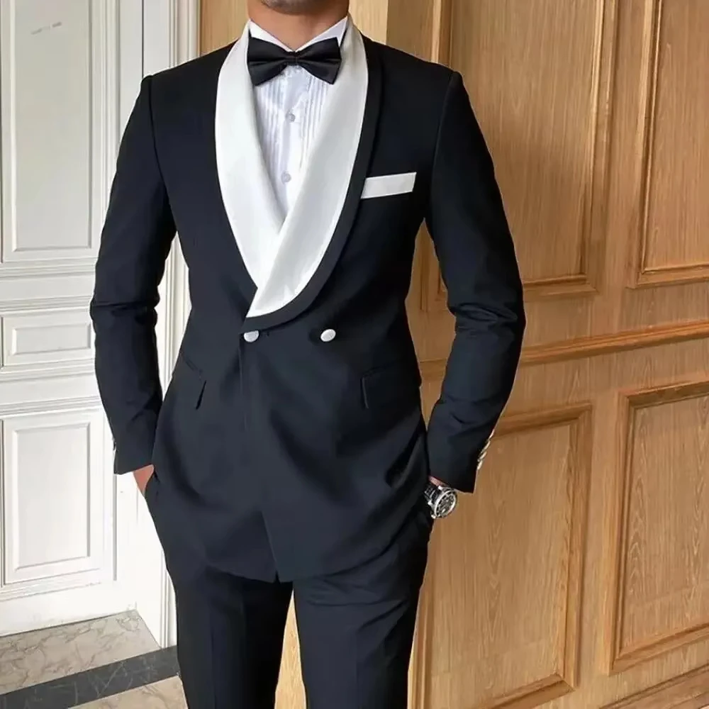Suits For Men Terno Black Costume White Shawl Lapel Two Piece Jacket Pants Homme Double Breasted Slim Fit Trajes De Hombre
Suits For Men Terno Black Costume White Shawl Lapel Two Piece Jacket Pants Homme Double Breasted Slim Fit Trajes De Hombre