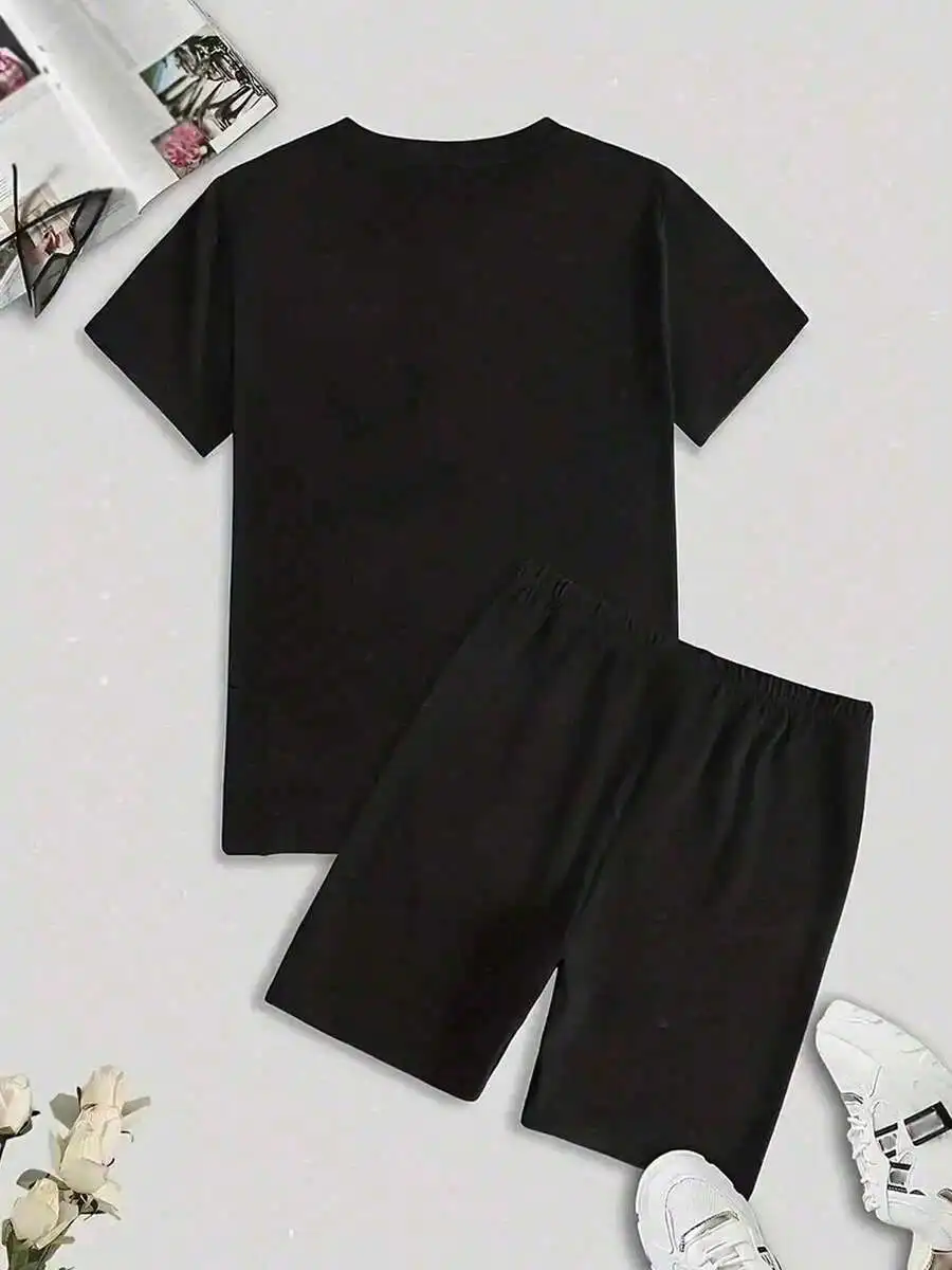 2-Piece Womens Black Casual T-Shirt And Shorts Set
2-Piece Womens Black Casual T-Shirt And Shorts Set