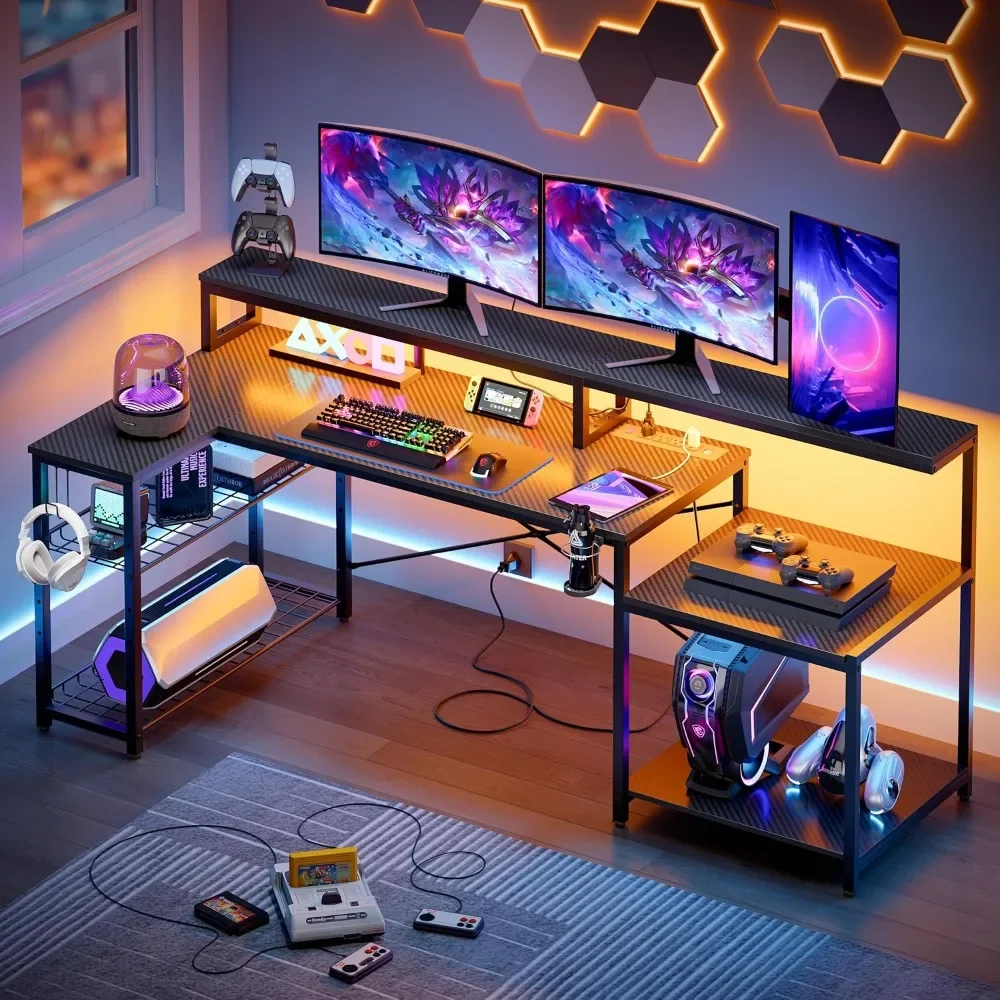 Gaming Desk with Power Outlets, LED Computer Desk with Long Monitor Stand, Large L Shaped Corner Desk with Storage Shelf
Gaming Desk with Power Outlets, LED Computer Desk with Long Monitor Stand, Large L Shaped Corner Desk with Storage Shelf
