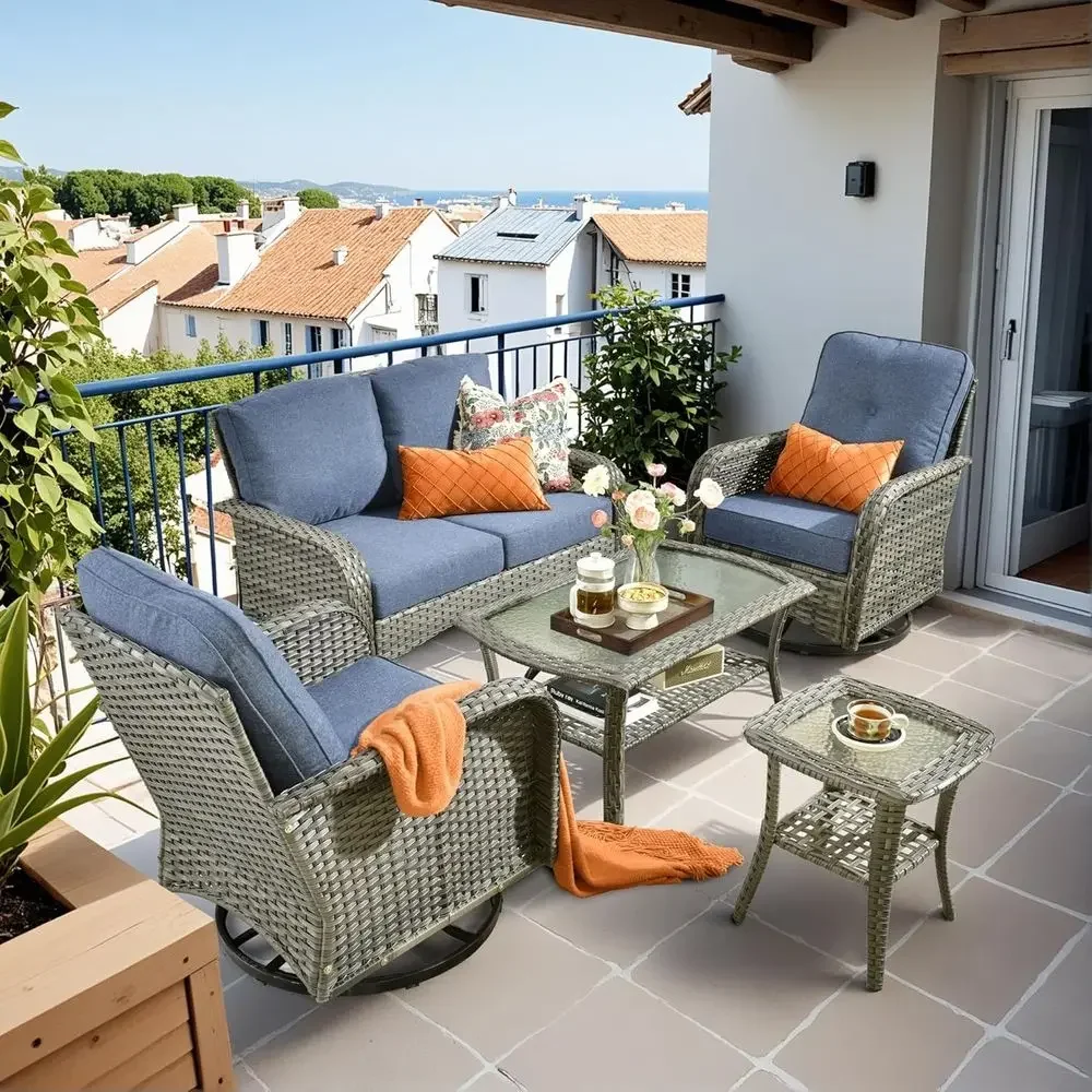 5-Piece Outdoor Wicker Patio Furniture Set with High Back Swivel Rocking Chairs and Table, All-Weather, Denim Blue
5-Piece Outdoor Wicker Patio Furniture Set with High Back Swivel Rocking Chairs and Table, All-Weather, Denim Blue