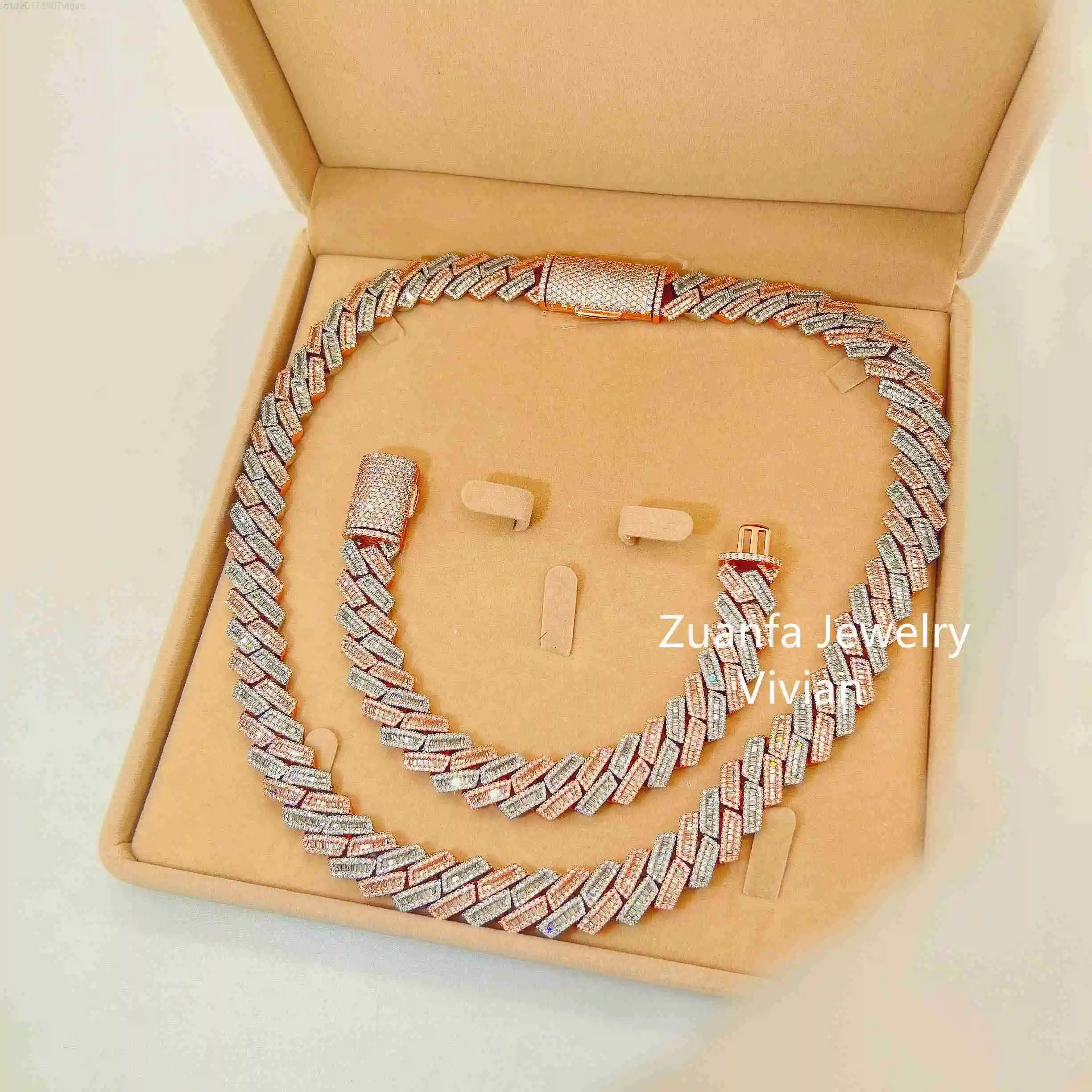 Rose Gold and White Gold Color Silver 925 Baguette Diamond Miami Cuban Link Chain Iced Vvs Moissanite Men Necklace
Rose Gold and White Gold Color Silver 925 Baguette Diamond Miami Cuban Link Chain Iced Vvs Moissanite Men Necklace