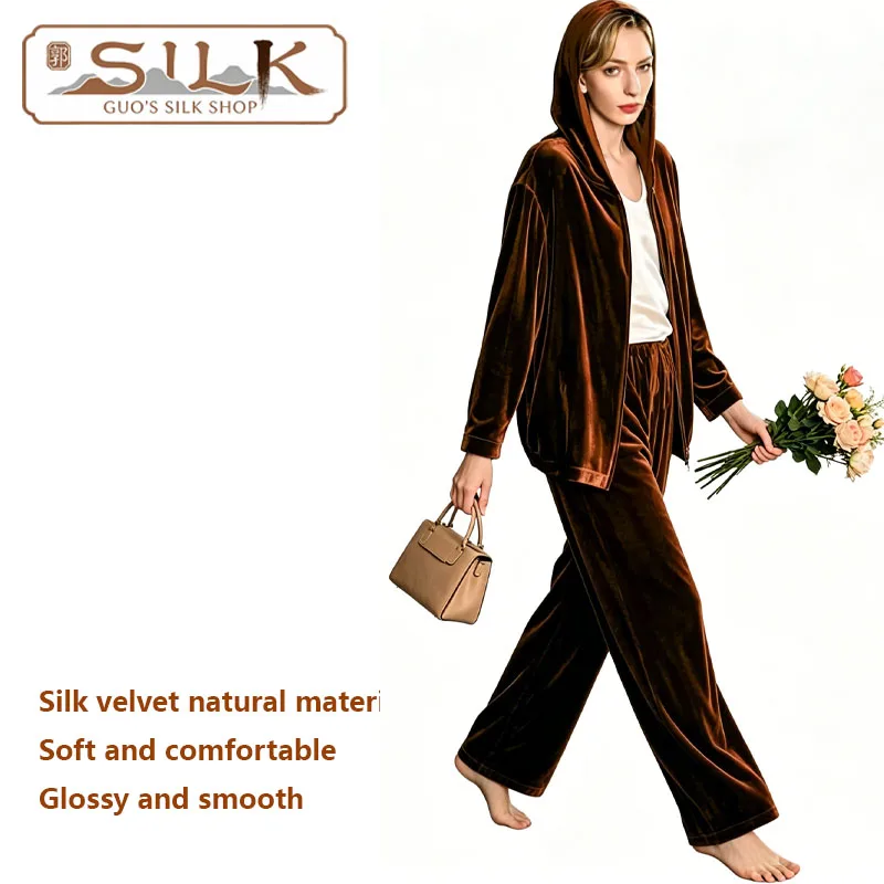 100% Silk Velvet Women Suit Caped Long-Sleeved Shirt Long Pants Set 2 Pieces Luxurious Casual Clothing Soft Fine Lightweight
100% Silk Velvet Women Suit Caped Long-Sleeved Shirt Long Pants Set 2 Pieces Luxurious Casual Clothing Soft Fine Lightweight