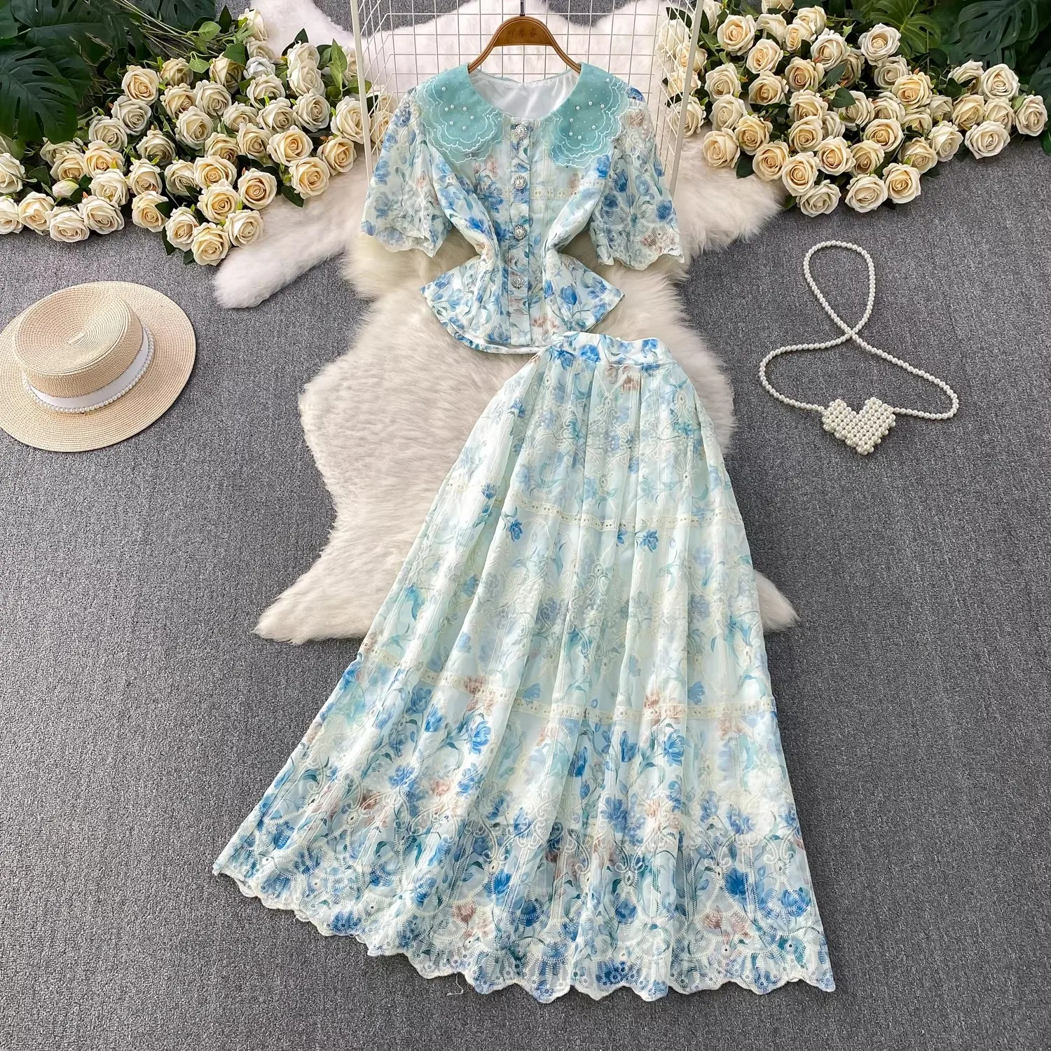Summer Beaded Flower Embroidery Lace Two Piece Set Women's Short Sleeve Pearls Button Crop Top + Midi Skirt Elegant Matching
Summer Beaded Flower Embroidery Lace Two Piece Set Women's Short Sleeve Pearls Button Crop Top + Midi Skirt Elegant Matching