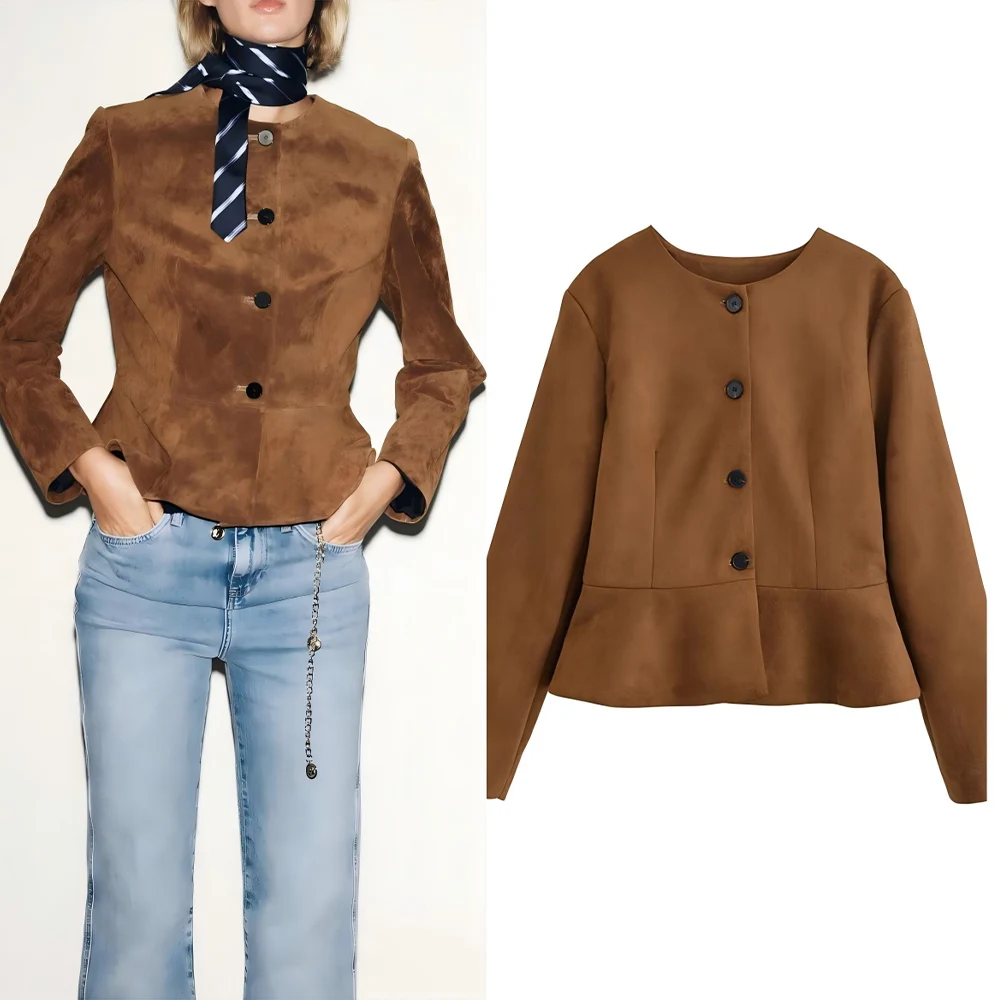 Women's 2025 new fashion ruffle hem short single breasted suede Coat retro O Neck long sleeved women's Coat chic top
Women's 2025 new fashion ruffle hem short single breasted suede Coat retro O Neck long sleeved women's Coat chic top
