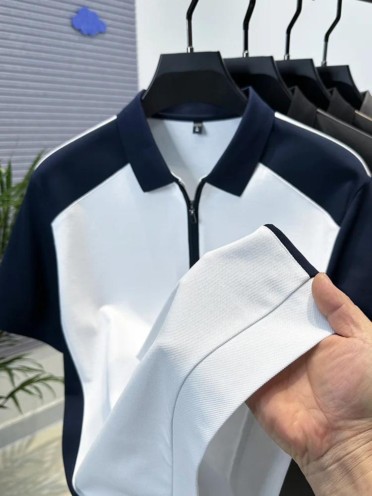 High end zipper lapel short sleeved men's summer new style patchwork fashionable casual polo shirt comfortable trendy top
High end zipper lapel short sleeved men's summer new style patchwork fashionable casual polo shirt comfortable trendy top