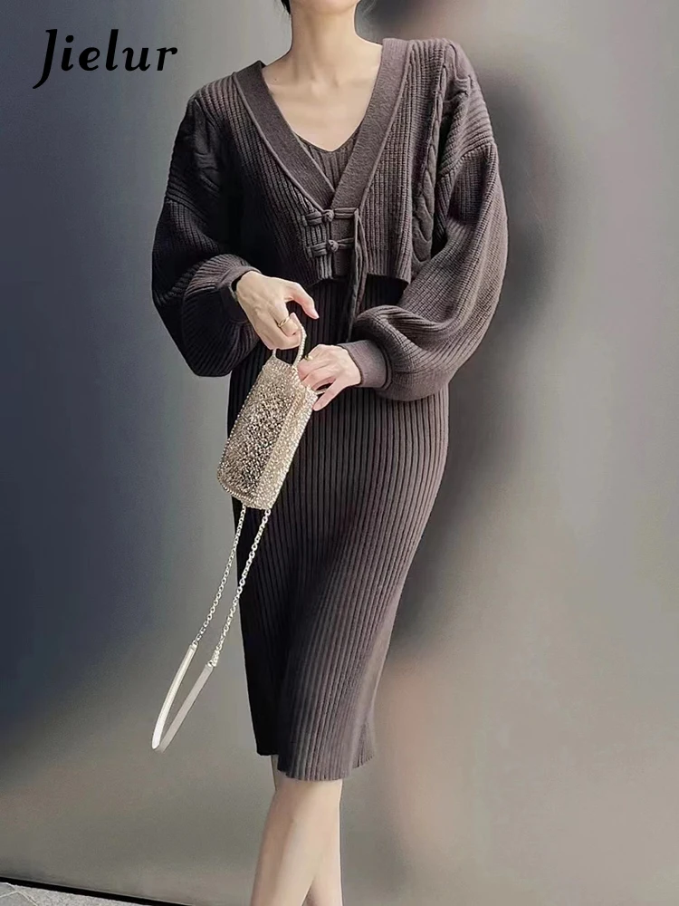 Jielur Two Piece Autumn New Solid Color Slim Women Dress Sweet Ladies Elegant Knitted Cardigan Female Coffee Red Casual Dresses
Jielur Two Piece Autumn New Solid Color Slim Women Dress Sweet Ladies Elegant Knitted Cardigan Female Coffee Red Casual Dresses