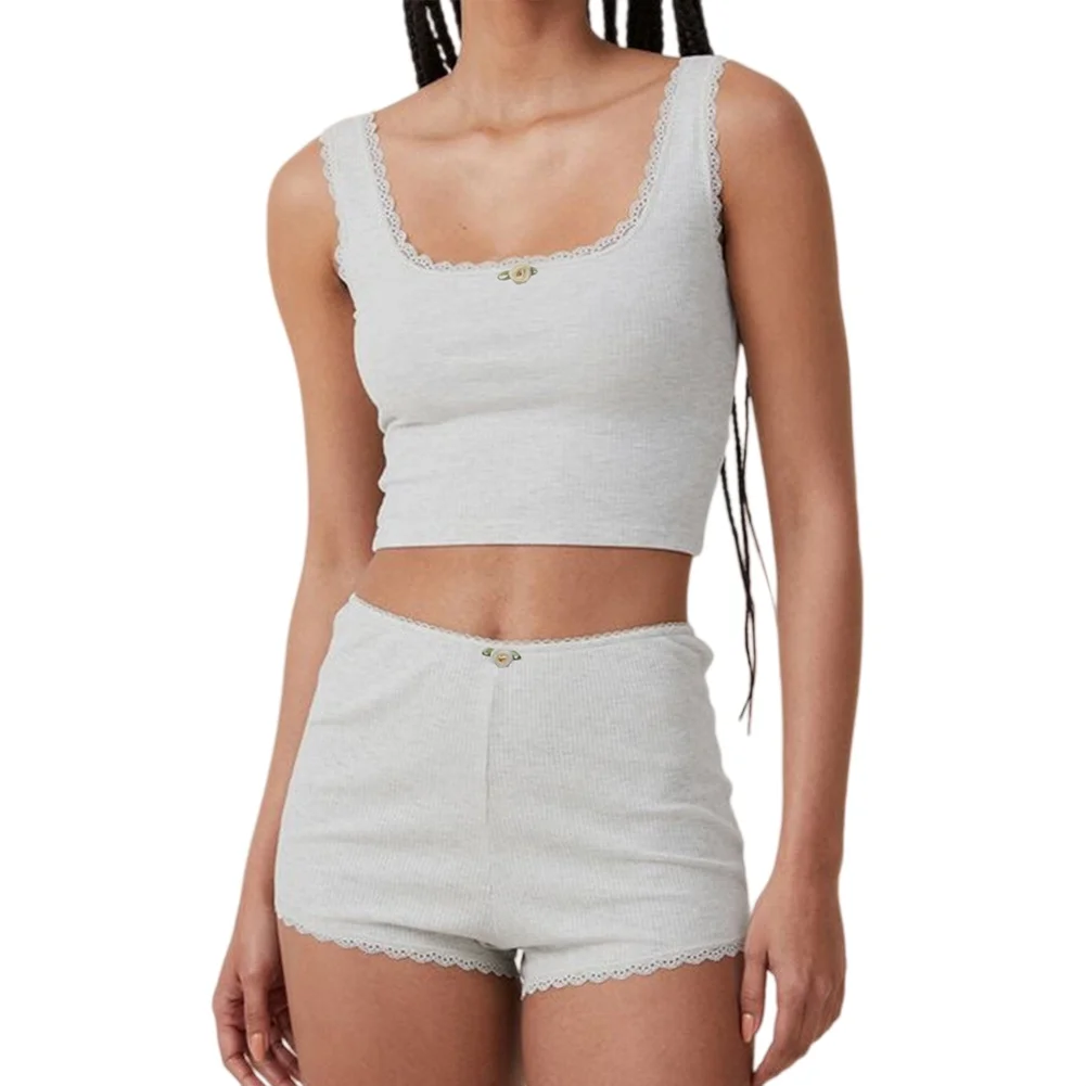 Women Stretchy Knit Pajama Set Lace Trim Sleeveless Crop Tank Top High Waist Shorts Breathable Casual Home Loungewear Set
Women Stretchy Knit Pajama Set Lace Trim Sleeveless Crop Tank Top High Waist Shorts Breathable Casual Home Loungewear Set