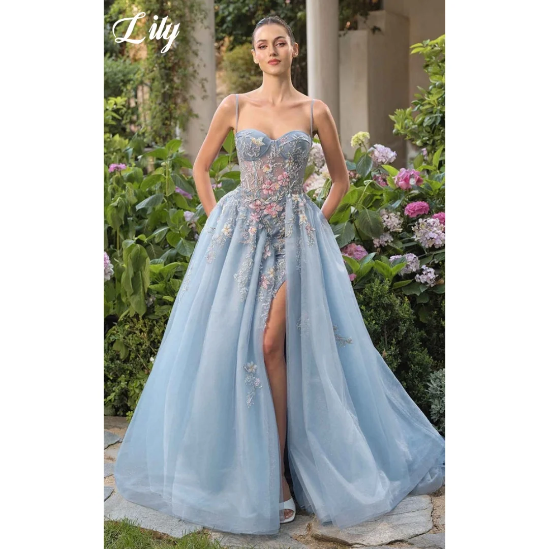 Lily Dreamy Sky Blue Prom Dress Spaghetti Strap Floral Corset Bodice High Side Slit Tulle Trailing Formal Evening Gown Customize
Lily Dreamy Sky Blue Prom Dress Spaghetti Strap Floral Corset Bodice High Side Slit Tulle Trailing Formal Evening Gown Customize
