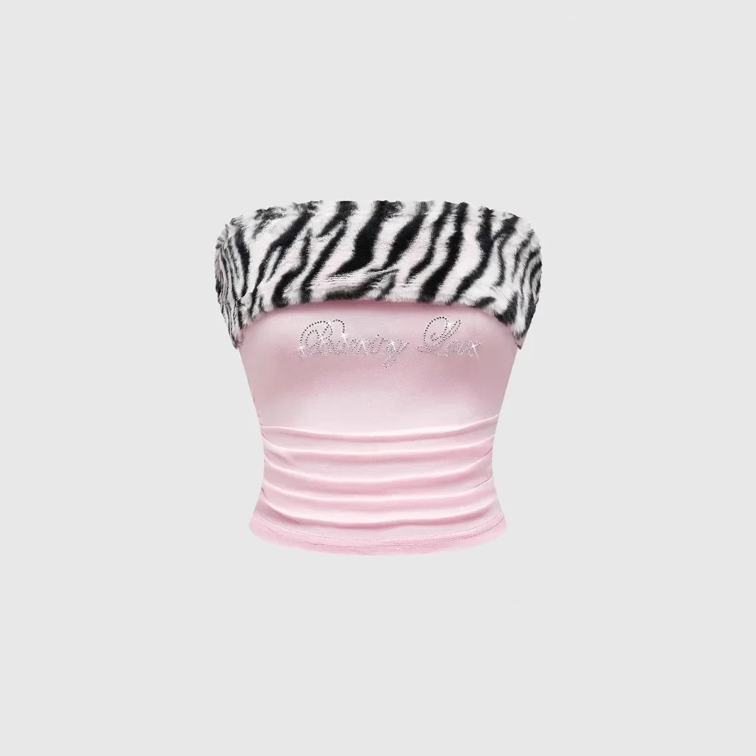 Sweet and spicy design, slim fit and tight, plush leopard print splicing, exposed button Spice Girl women's tube top, small vest
Sweet and spicy design, slim fit and tight, plush leopard print splicing, exposed button Spice Girl women's tube top, small vest