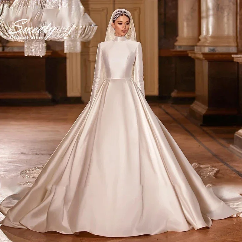 High-Neck Elegant Wedding Dress Satin With Princess Ball Gown Fullsleeve O-Neck Bridal Dress Button Robe MariéE Satin Customized
High-Neck Elegant Wedding Dress Satin With Princess Ball Gown Fullsleeve O-Neck Bridal Dress Button Robe MariéE Satin Customized