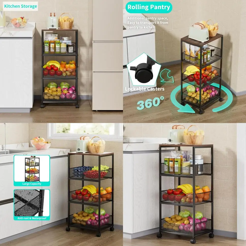 4-Tier Rolling Kitchen Storage Cart with Wood Top, Fruit and Vegetable Organizer on Wheels
4-Tier Rolling Kitchen Storage Cart with Wood Top, Fruit and Vegetable Organizer on Wheels