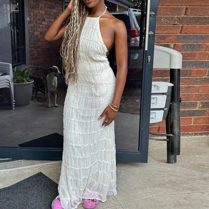 Summer Solid Color New Women's Fashion Sexy Backless Halter Neck Tie Drape Lace Trim Long Dress Sleeveless Ankle Length Dress
Summer Solid Color New Women's Fashion Sexy Backless Halter Neck Tie Drape Lace Trim Long Dress Sleeveless Ankle Length Dress