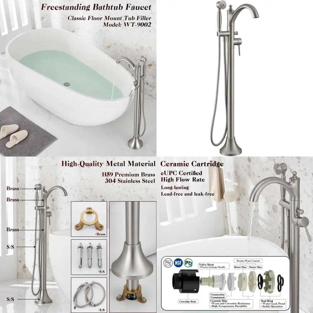 Freestanding Bathtub Faucet with Vintage Handheld Shower, High/Low Flow Mount Tub Filler, Swivel Spout, Brushed Nickel Finish
Freestanding Bathtub Faucet with Vintage Handheld Shower, High/Low Flow Mount Tub Filler, Swivel Spout, Brushed Nickel Finish
