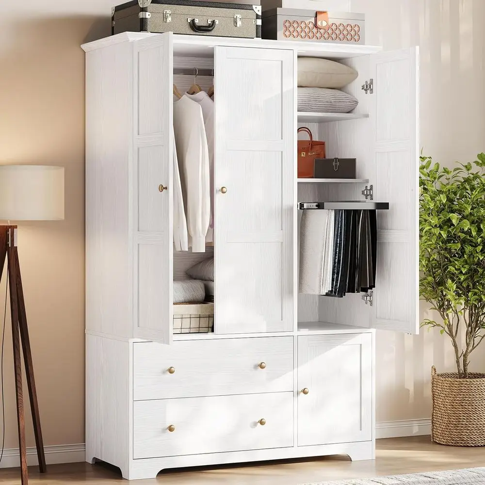 3-Door White Bedroom Storage Armoire with Pull-Out Pants Rack and Hanging Space
3-Door White Bedroom Storage Armoire with Pull-Out Pants Rack and Hanging Space