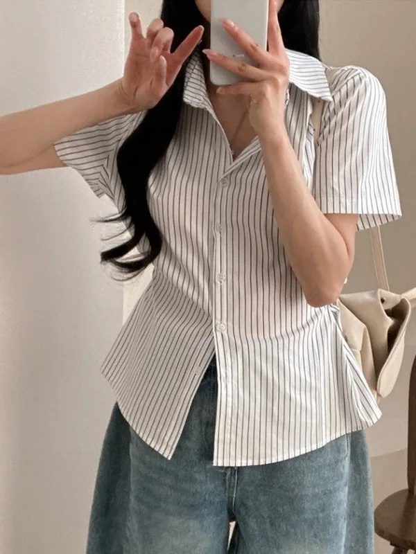 Ele Design Slim Fit Striped Button up irt Women's Faionable Top Waist Cinching Casual irt Summer Collection
Ele Design Slim Fit Striped Button up irt Women's Faionable Top Waist Cinching Casual irt Summer Collection