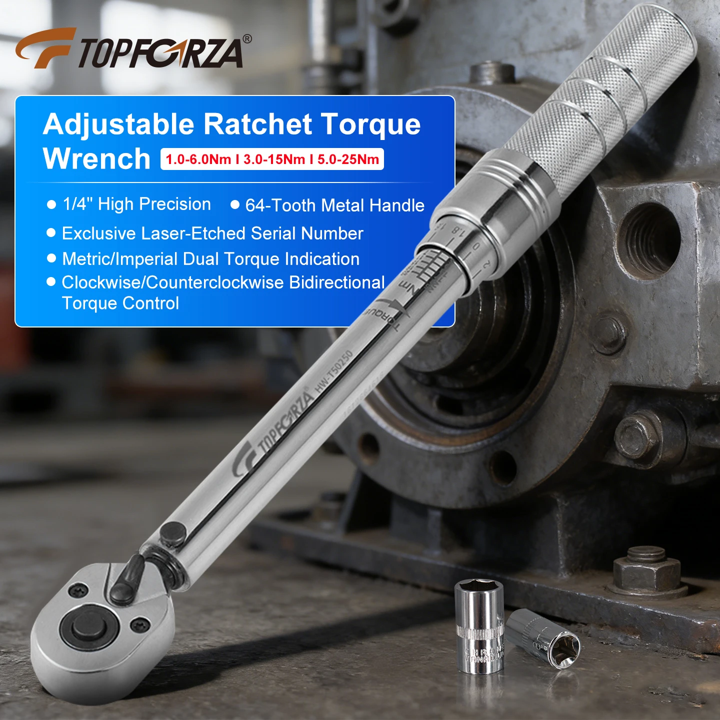 TOPFORZA Drive Ratchet Torque Wrench 1/4" 1.0-25N.m Adjustable High Precision ±3% 64 Teeth for Bike Car Repair
TOPFORZA Drive Ratchet Torque Wrench 1/4" 1.0-25N.m Adjustable High Precision ±3% 64 Teeth for Bike Car Repair