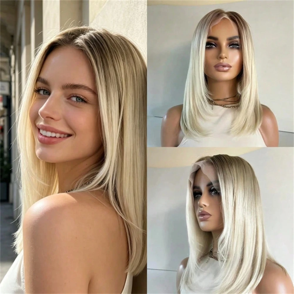 Glueless WigOmbre Light Creamy Blonde Highlights Synthetic Lace Front Wig Layered Short Straight Bob Natural Preplucked Hairline
Glueless WigOmbre Light Creamy Blonde Highlights Synthetic Lace Front Wig Layered Short Straight Bob Natural Preplucked Hairline