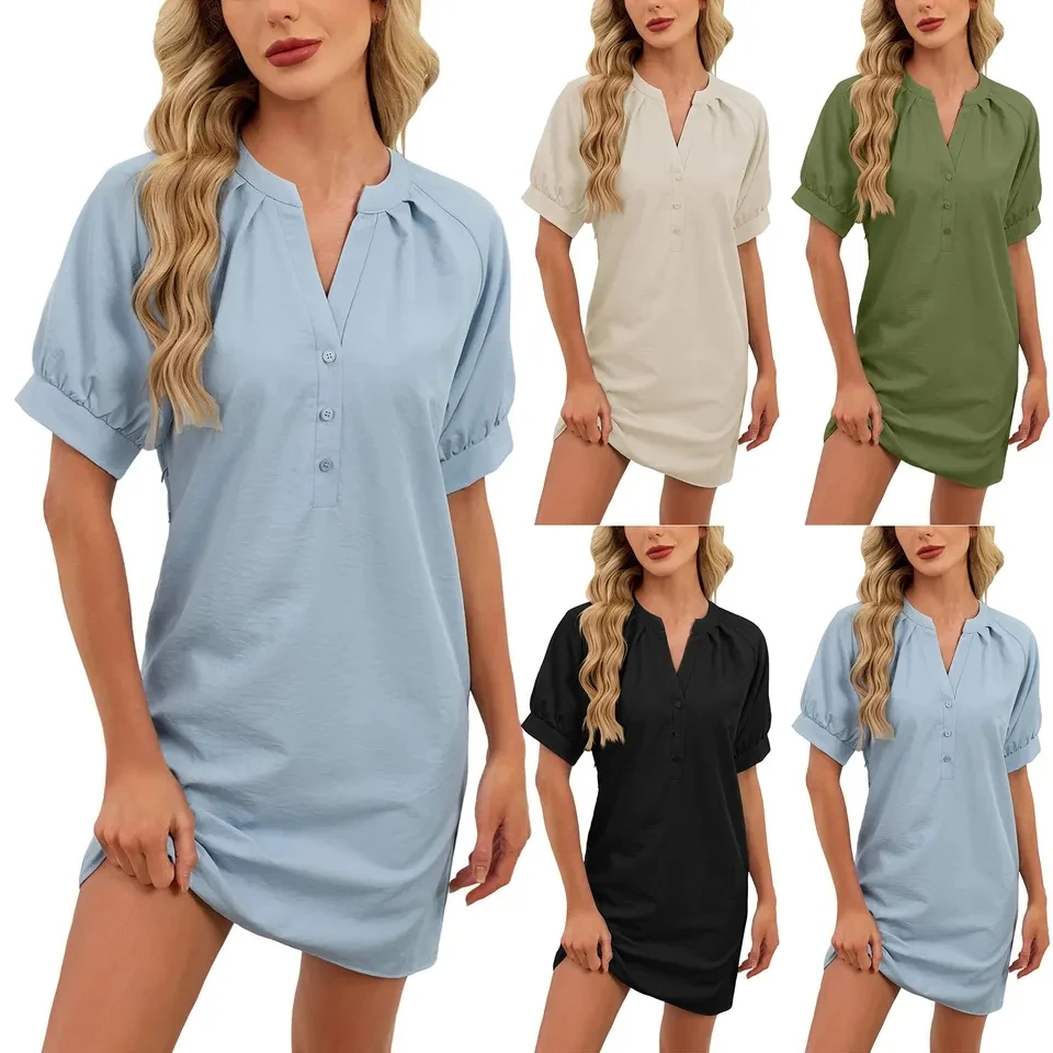 Womens Summer Dresses Casual V Neck Buttons Tie Waist Sundress Solid Color Short Sleeve T-Shirt Dress Vestidos Para Mujer
Womens Summer Dresses Casual V Neck Buttons Tie Waist Sundress Solid Color Short Sleeve T-Shirt Dress Vestidos Para Mujer