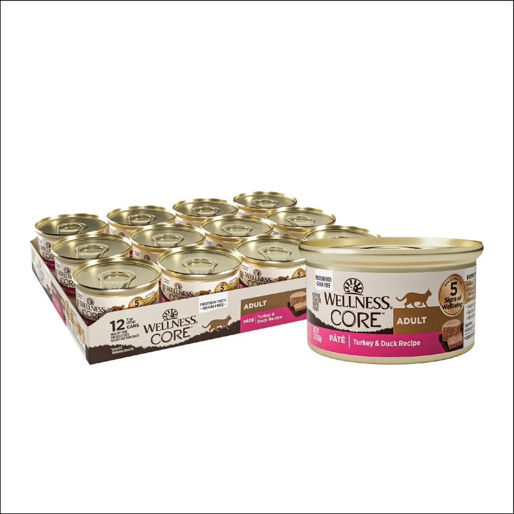 Wellness CORE Grain Free Canned Cat Food, Turkey & Duck Pate, 3 Ounces (Pack of 12)
Wellness CORE Grain Free Canned Cat Food, Turkey & Duck Pate, 3 Ounces (Pack of 12)