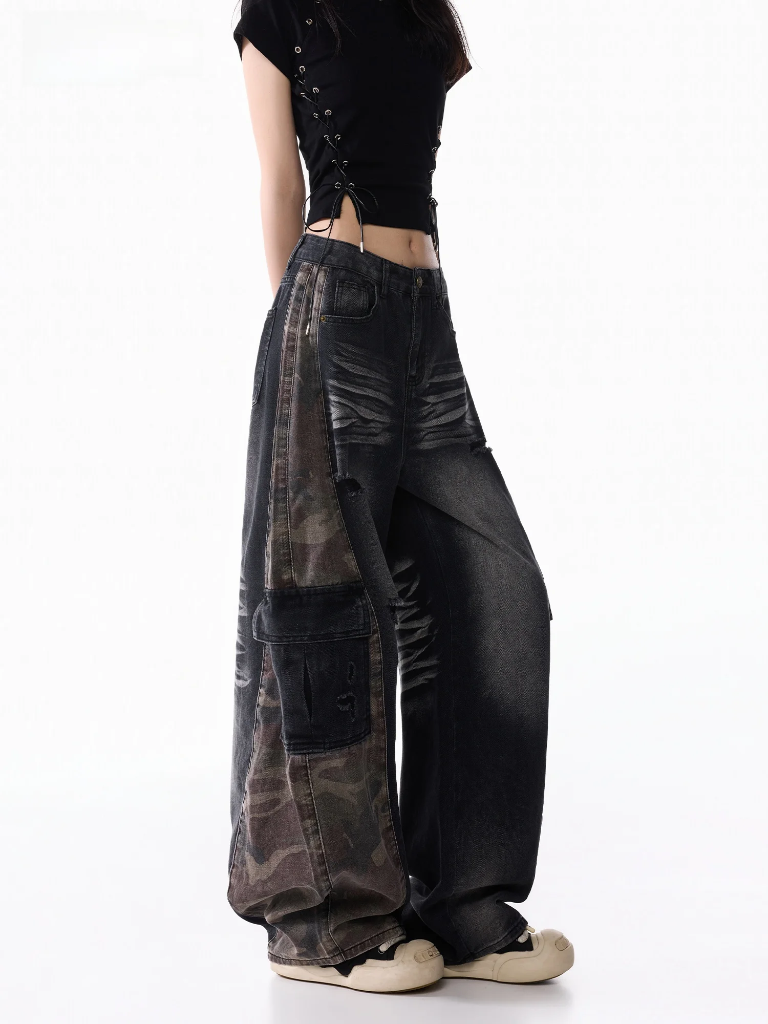 Summer Lightweight Camouflage Patchwork Denim Pants Women's Workwear Ripped Wide Leg Knife Pants Cool Black Casual Loose Fit
Summer Lightweight Camouflage Patchwork Denim Pants Women's Workwear Ripped Wide Leg Knife Pants Cool Black Casual Loose Fit