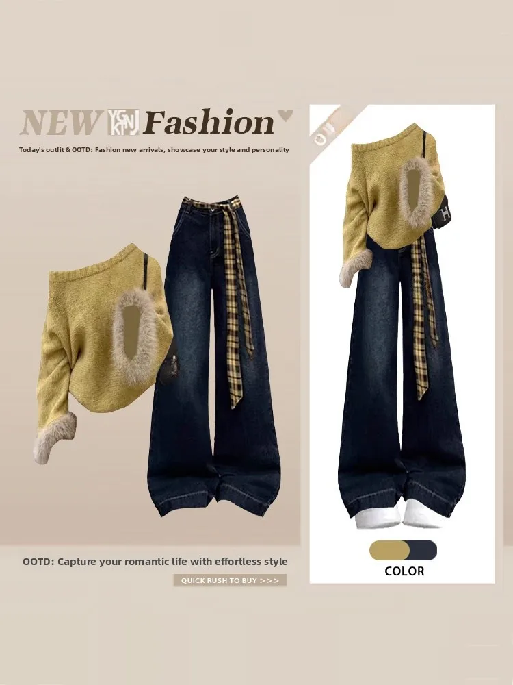 Shoulder Bared Knitted Sweater And Wide Leg Jeans Two Piece Set for Women Winter plus Size Slimming Fashion Ensemble
Shoulder Bared Knitted Sweater And Wide Leg Jeans Two Piece Set for Women Winter plus Size Slimming Fashion Ensemble