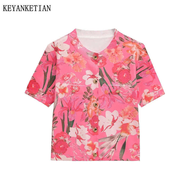 KEYANKETIAN Summer New Women's Vacation Style Round Neck Short Sleeve Flower Printed Knitted Shirt Women Top
KEYANKETIAN Summer New Women's Vacation Style Round Neck Short Sleeve Flower Printed Knitted Shirt Women Top