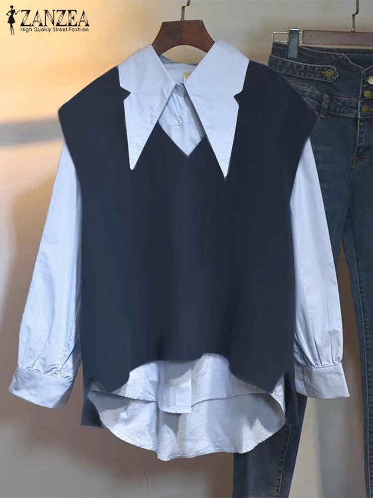 Fashion Long Sleeve Tops ZANZEA Women Office Commuting Shirts Casual Loose Fake 2pcs Chic Tops Vintage V-neck Vest+Lapel Shirts
Fashion Long Sleeve Tops ZANZEA Women Office Commuting Shirts Casual Loose Fake 2pcs Chic Tops Vintage V-neck Vest+Lapel Shirts