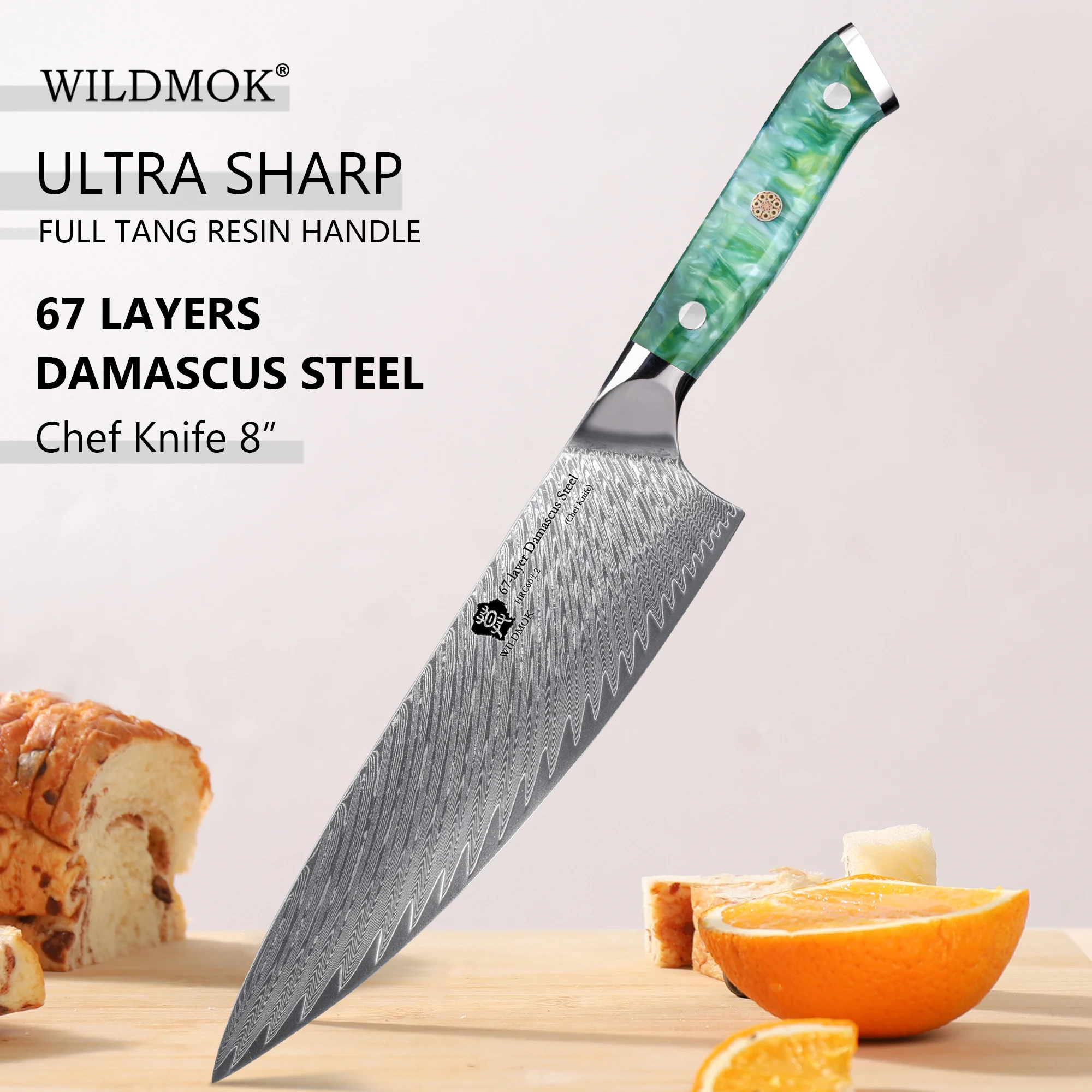 WILDMOK Professional 8" Chef Knife, Real Damascus VG10 Steel Blade Stylish Marble Resin Handle for Home & Restaurant Cooking
WILDMOK Professional 8" Chef Knife, Real Damascus VG10 Steel Blade Stylish Marble Resin Handle for Home & Restaurant Cooking