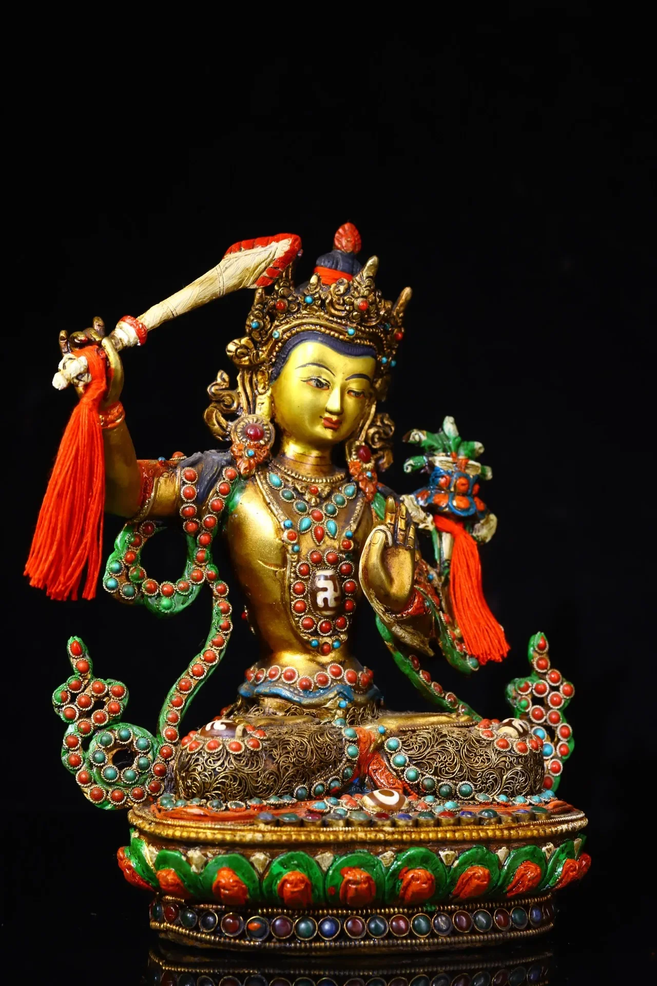 9"Tibetan Temple Collection Old Bronze Painted Outline in gold Mosaic Gem gZi Beads Manjushri Sitting Buddha Worship Hall
9"Tibetan Temple Collection Old Bronze Painted Outline in gold Mosaic Gem gZi Beads Manjushri Sitting Buddha Worship Hall