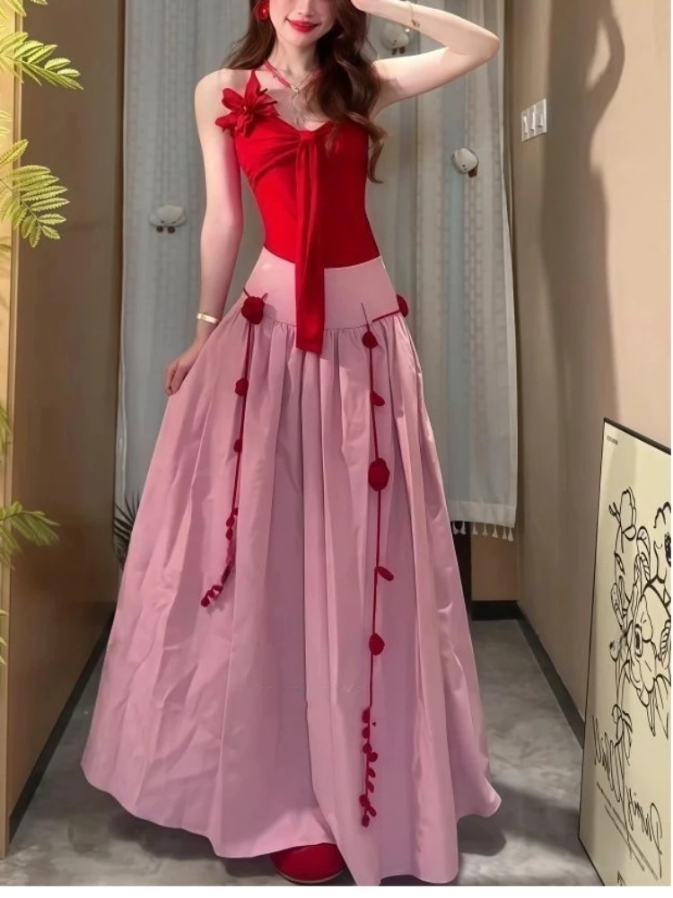 Summer Women Two Piece Set Elegant Spaghetti Strap Red Top Pink High Waist Long Skirt Outfit Sweet Style Slim Fit Matching Set
Summer Women Two Piece Set Elegant Spaghetti Strap Red Top Pink High Waist Long Skirt Outfit Sweet Style Slim Fit Matching Set