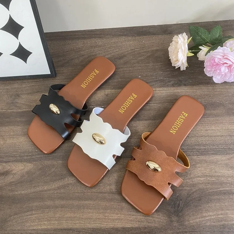 Women Square Toe Flat Slide Sandals with Wavy Scalloped Single Strap Oval Metal Ornament Multi Solid Color Options Casual Daily
Women Square Toe Flat Slide Sandals with Wavy Scalloped Single Strap Oval Metal Ornament Multi Solid Color Options Casual Daily