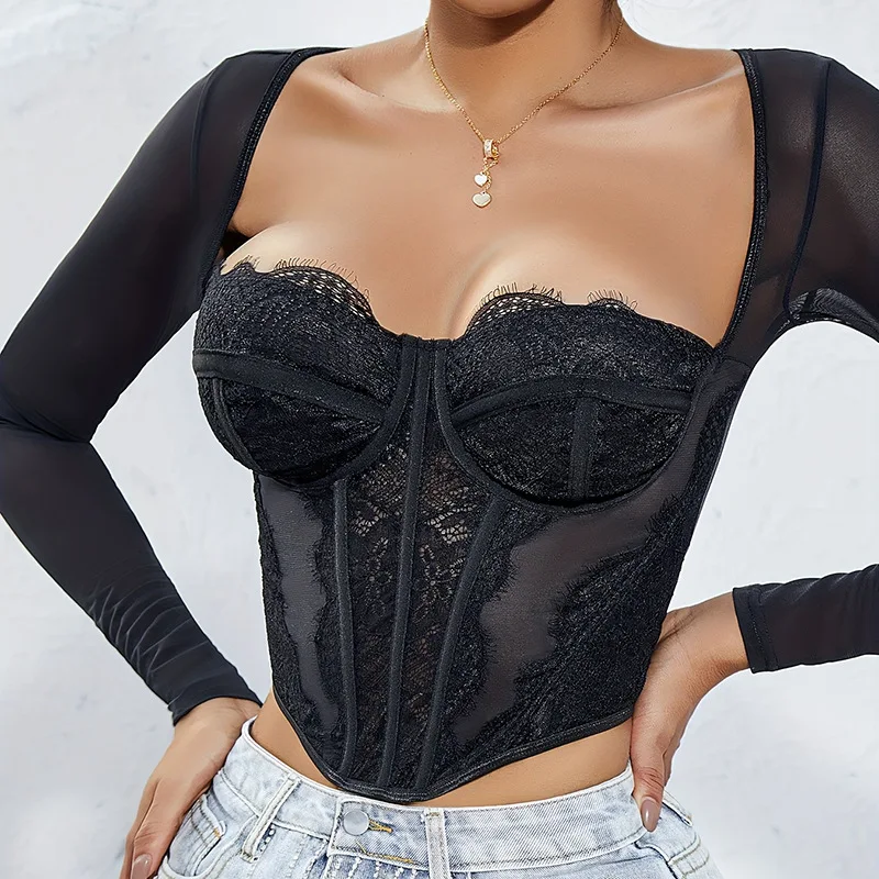 Sexy Lace Long Sleeve Fishbone Bralette Steel Ring Trim Slim Fit Mesh Splice Hot Girl Top Knitted Thin Spring 2024 Ladies' Wear
Sexy Lace Long Sleeve Fishbone Bralette Steel Ring Trim Slim Fit Mesh Splice Hot Girl Top Knitted Thin Spring 2024 Ladies' Wear