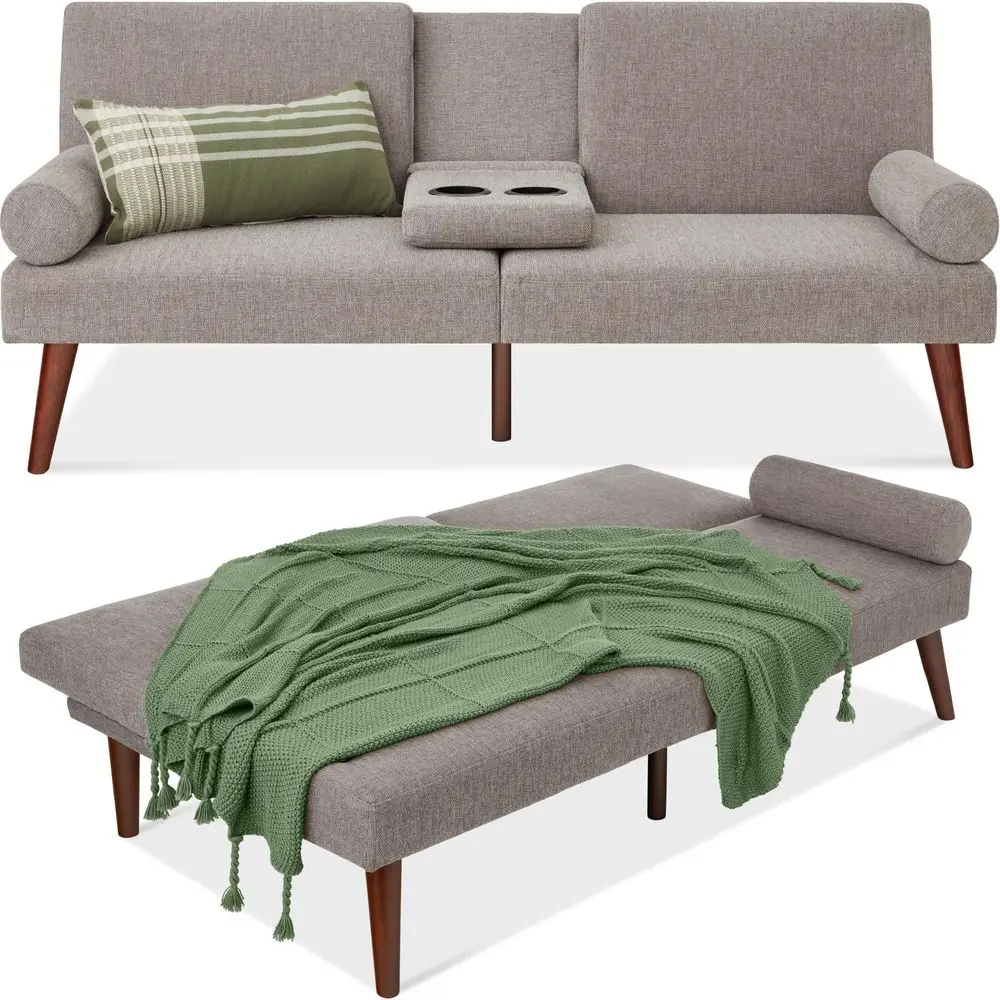 MidCentury Morn Upholstered Futon, Convertible Folding Sofa Bed, Small Couch w Round Armrests, 2 Cupholrs Gray
MidCentury Morn Upholstered Futon, Convertible Folding Sofa Bed, Small Couch w Round Armrests, 2 Cupholrs Gray