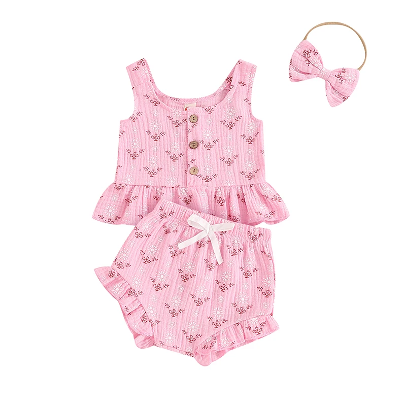 Floral Print Ruffled Tank Tops Elastic Waist Shorts Bow Headband Newborn Toddler Baby Girl 3 Piece Summer Set Outfits
Floral Print Ruffled Tank Tops Elastic Waist Shorts Bow Headband Newborn Toddler Baby Girl 3 Piece Summer Set Outfits