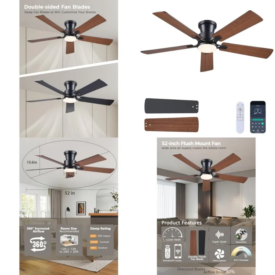 52Inch Ceiling Fan with Lights and Remotes, Modern Smart Flush Mount Ceiling Fans, DC Reversible Motor, 3CCT Dimmable, Noiseles
52Inch Ceiling Fan with Lights and Remotes, Modern Smart Flush Mount Ceiling Fans, DC Reversible Motor, 3CCT Dimmable, Noiseles