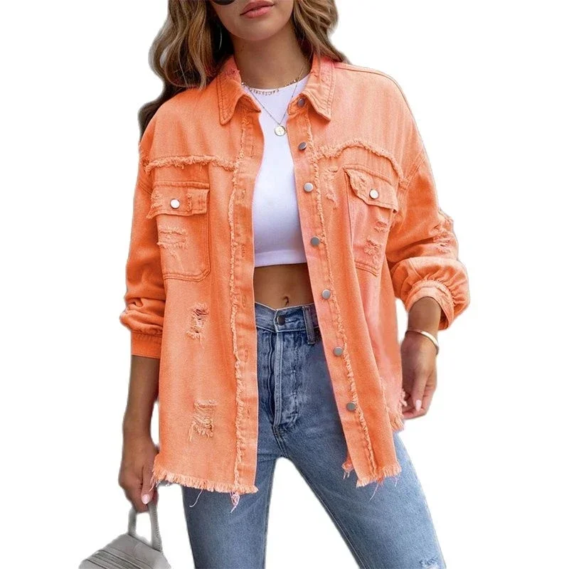 Women Shirt Style Jean coat Holes Raw-edges Denim Jacket New Casual Top Rose-Red Orange Purple Outerwear Lady Coat XQ857
Women Shirt Style Jean coat Holes Raw-edges Denim Jacket New Casual Top Rose-Red Orange Purple Outerwear Lady Coat XQ857