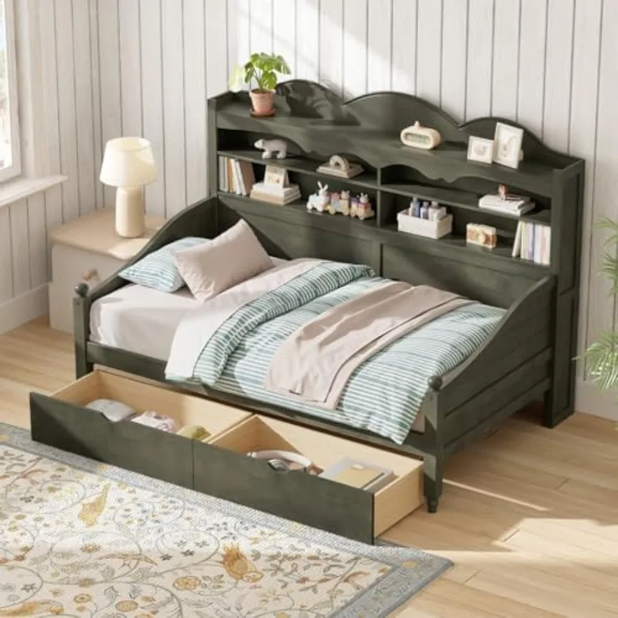 Retro Twin Size Daybed with 2 Drawers and Storage Shelves, Day Bed Frame with Wave-Shape Bookshelf, Space Saving, No Box Spring
Retro Twin Size Daybed with 2 Drawers and Storage Shelves, Day Bed Frame with Wave-Shape Bookshelf, Space Saving, No Box Spring